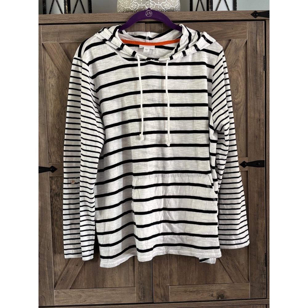 J. Jill Striped Hoodie Top Womens Large White Black Slub Knit Roll Tab Sleeve